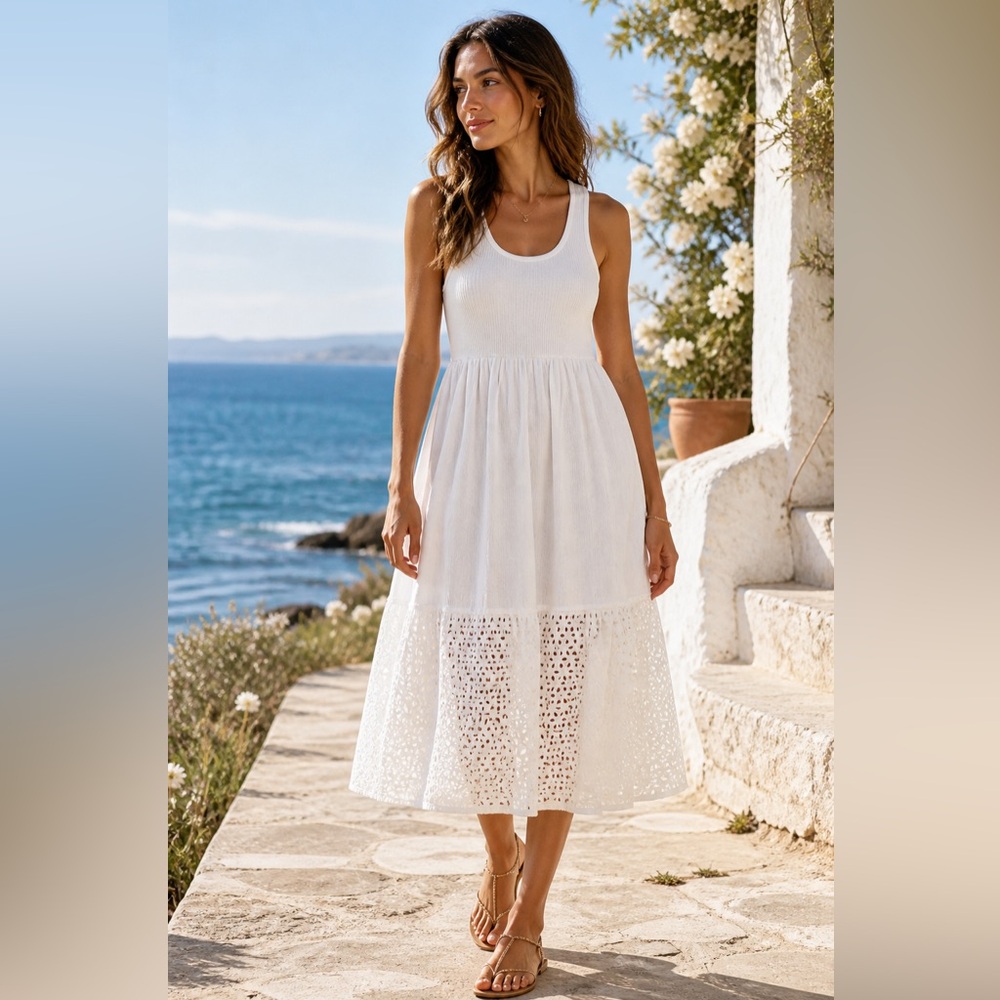 AQUA White Cotton Tank Midi Dress XS Eyelet Hem Resort Coastal Summer Sundress